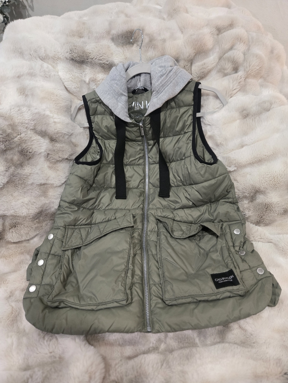 Calvin Klein Performance Quilted Hooded Vest in Olive Green and Heather Gray